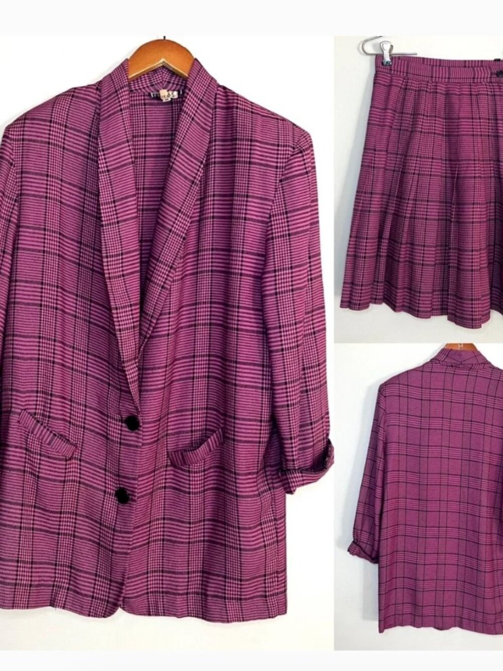 Pinnacle Pink Vintage 80s 90s Two Piece Plaid Blazer Skirt Suit Sz Med / 8